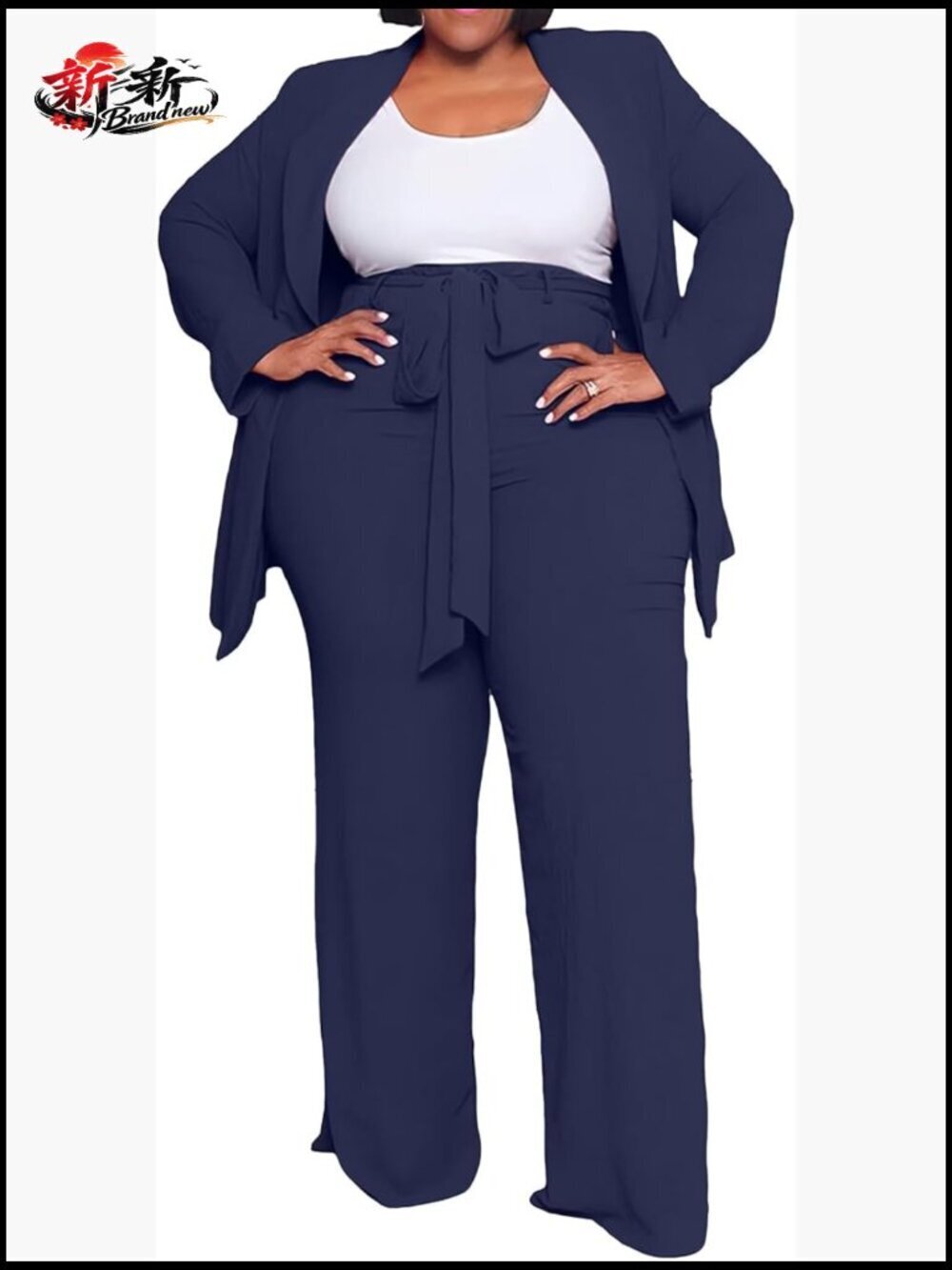Plus Size Open Front Blazer Wide Leg Pant Suit Set